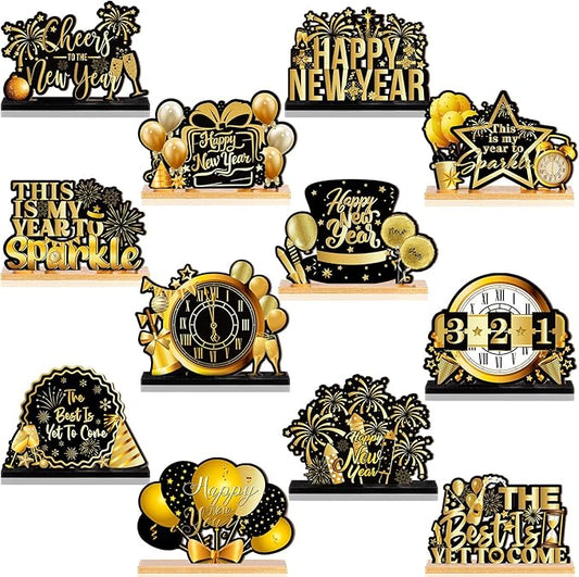 Marsui 12 Pcs Happy New Year Wooden Table Decorations 2026 New Year Table Centerpiece Tiered Tray Home Decor Signs Party Decorations for Party Supplies