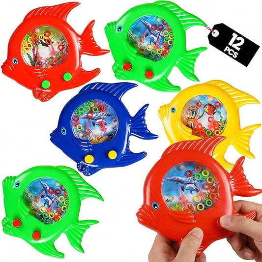 Fish Water Ring Toss Toy - (Pack of 12) Water Ring Game Handheld Fun Aqua Arcade Retro Game Pocket Travel Toys for Car Road Trip Activities for Kids Birthday Party Favors Goodie Bags Stuffers for Kids