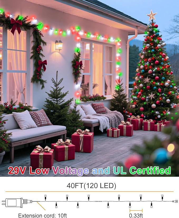 40FT 120 LED Christmas Lights Outdoor, Red White and Green Christmas String Lights Waterproof, 8 Modes & Timer, Connectable Christmas Tree Lights for Indoor House Yard Party Xmas Decorations