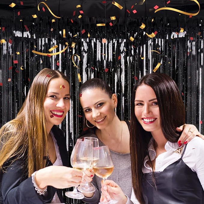 2 Pack 3.2ft x 8.2ft Black Tinsel Foil Fringe Curtain, Sparkle Metallic Foil Backdrop for Party Photo Booth Props New Years Eve Birthday Bridal Shower Bachelorette Holiday Decorations Supplies