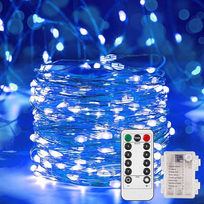 Ariceleo 1 Pack 16.4 Ft. Battery Operated Outdoor String Lights with Remote & Timer, LED Blue Fairy Lights, Waterproof Twinkle Lights for Bedroom, Dorm, Mason Jar, Wedding, Party, Christmas