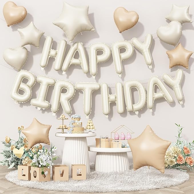 Happy Birthday Balloon Banner Cream, 16 Inch Beige Mylar Foil Letter Balloons, Boho Neutral Birthday Decorations with 10 Pcs Ivory Caramel Brown Foil Balloon, Inflatable Party Supplies for Women Girl