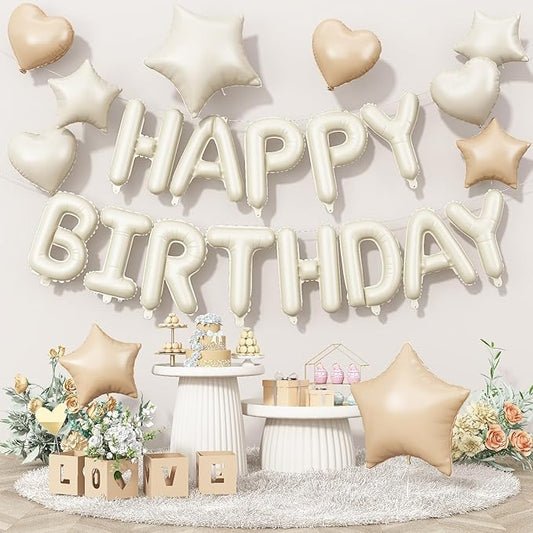 Happy Birthday Balloon Banner Cream, 16 Inch Beige Mylar Foil Letter Balloons, Boho Neutral Birthday Decorations with 10 Pcs Ivory Caramel Brown Foil Balloon, Inflatable Party Supplies for Women Girl
