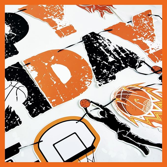 SUNBEAUTY Basketball Happy Birthday Banner Basket Ball Themed Party Decorations Sports Birthday Banner Basketball Party Supplies Slam Dunk Garland Birthday Sign for Kids Teenagers Boys Men