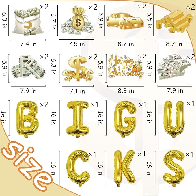 Money Party Decorations Big Bucks Balloons Gold Money Theme Hanging Swirls Dollar Bill Signs Currency Symbol Money Bag Happy Birthday Party Decorations for Adults Buchona Casino Gangster Party 31 pcs