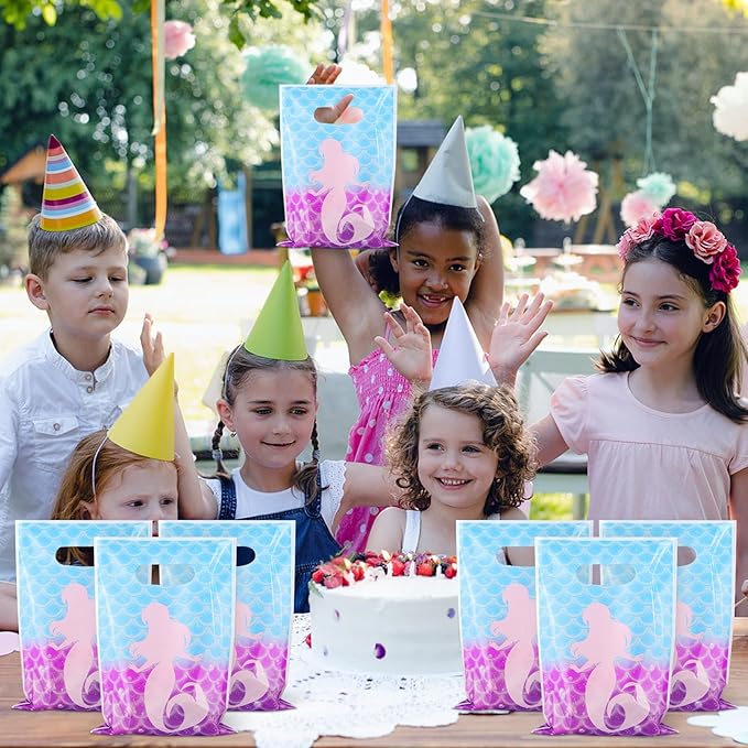 Hxezoc 50 Pieces Mermaid Goodie Bags Cute Candy Bag Plastic Treat Bags Mermaid Gift Wrap with Handles Party Favor Bags For Girls Birthday Party Decoration Supplies