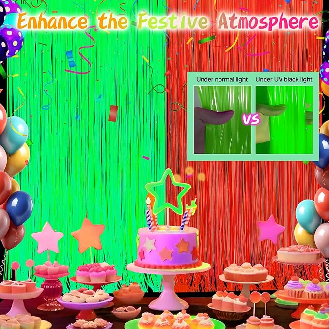 Glow in The Dark Party Supplies 2 Pack Neon Party Decorations Fluorescent Tinsel Foil Fringe Curtains Photo Booth Prop Backdrop Streamer Blacklight Decorations (Neon Green+Neon Orange)