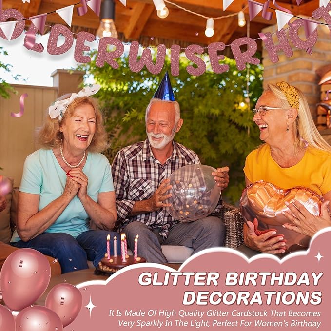Fulmoon Set of 3 Pre Strung Older Wiser Hotter Glitter Banner Funny Birthday Banner for Women 30th 40th 50th 60th 70th 80th Birthday Party Decorations Sign Gift(Deep Rose Gold)