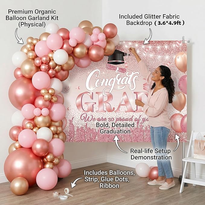 Pink Graduation Balloon Arch Kit 2026 with Rose Gold Balloons, Grad Backdrop, 2026 Foil Balloons for Prom Girl's High School College Graduation Party Decorations