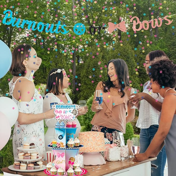 Haooryx Burnout or Bow Gender Reveal Party Cupcake Stand - 2 Pcs 3-Tier Racing Bow Cupcake Tower Cardboard Dessert Holder for Boy or Girl Baby Shower He or She Gender Reveal Party Table Decor Supplies