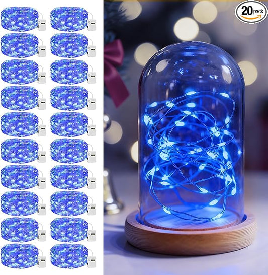 litogo 20 Pack 7FT 20 LED Fairy Lights Battery Operated, 3 Lighting Modes, Bulk Mini Twinkle String Lights Waterproof Silver Wire for Weddings Mason Jars Party Christmas Decorations-Blue