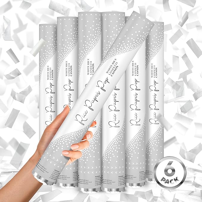 White Rice Paper Confetti Cannon 16" – 6 Pack Biodegradable Party Poppers, Compressed Air, Shoots 40ft | Wedding Send Off, Eco-Friendly Confetti Shooter for Weddings, Birthdays, Graduation