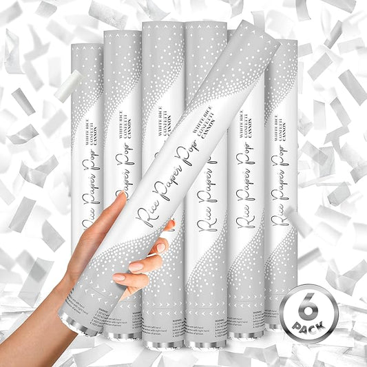 White Rice Paper Confetti Cannon 16" – 6 Pack Biodegradable Party Poppers, Compressed Air, Shoots 40ft | Wedding Send Off, Eco-Friendly Confetti Shooter for Weddings, Birthdays, Graduation