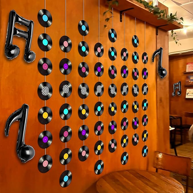 VioraWhite 18pcs 50s Musical Party Decoration Retro Record Garlands Streamers Fringe Curtains Music Note Balloons Photo Backdrop for Music Rock and Roll 70s Birthday Party Supply