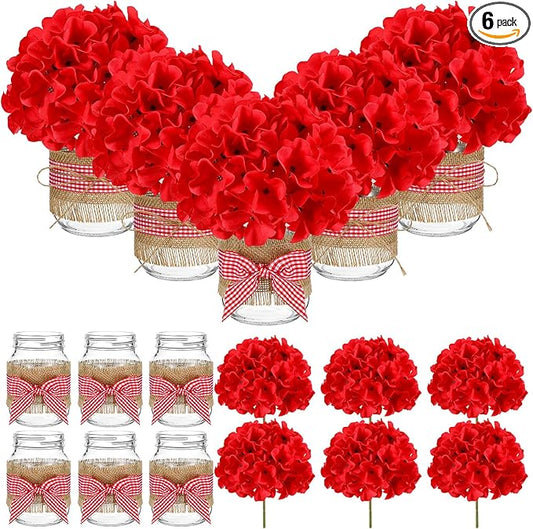 Daifunli 6 Set Picnic Party Centerpieces for Table Mason Jar Table Decor with Artificial Flowers Red Gingham Ribbon for Picnic Birthday Party BBQ Baby Shower Wedding(6,Hydrangea)