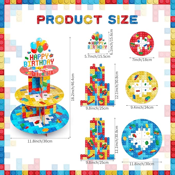 Building Block Cupcake Stand 3 Tier Birthday Party Supplies for Kids Adults Colorful Blocks Construction Cupcake Holder Brick Cake Stand Cardboard Dessert Tower Topper Cake Decorations