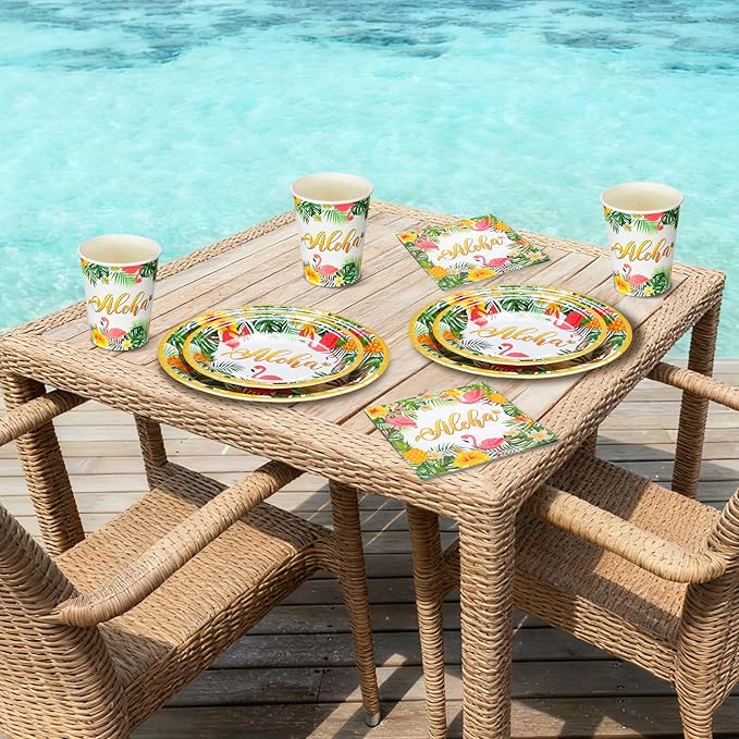 Jingmore 200 Pcs Tropical Hawaii Aloha Party Supplies Serve 50 Guests Luau Paper Plates Cups Napkins for Summer Beach Tableware Pool Party
