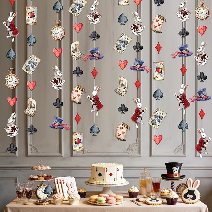 Vintage Wonderland Party Decorations Retro Bunny Poker Pocket Watch Mad Hat Hanging Streamer Garland Banner for Vintage Easter Spring Birthday Baby Shower Bachelorette Tea Party Decorations Supplies