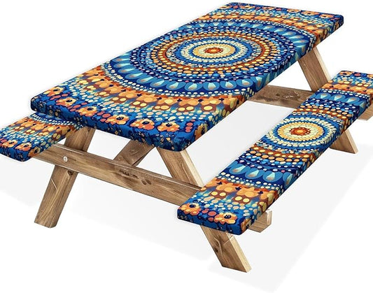Picnic Table Cover with Bench Covers and Bag, Camping Essentials, Waterproof Windproof Camping Tablecloth, Fitted Tablecloth Cover with Elastic Edge for Indoor Outdoor 3 PCS 30x72 Inch