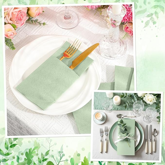 120 Pcs Sage Green Linen-Feel Paper Napkins with Built-in Flatware Pocket, Pocket Linen Napkins Prefolded Cloth Like Paper Napkins Bulk for Silverware Easter Wedding Baby Shower Birthday Bridal Party