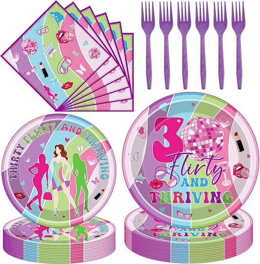 Thirty Flirty and Thriving Decorations - 96 Pcs 30th Birthday Party Supplies Disposable Paper Dessert Plates Napkins Forks Tableware Decor Set for Women Talk 30 to Me Serves 24 Guests