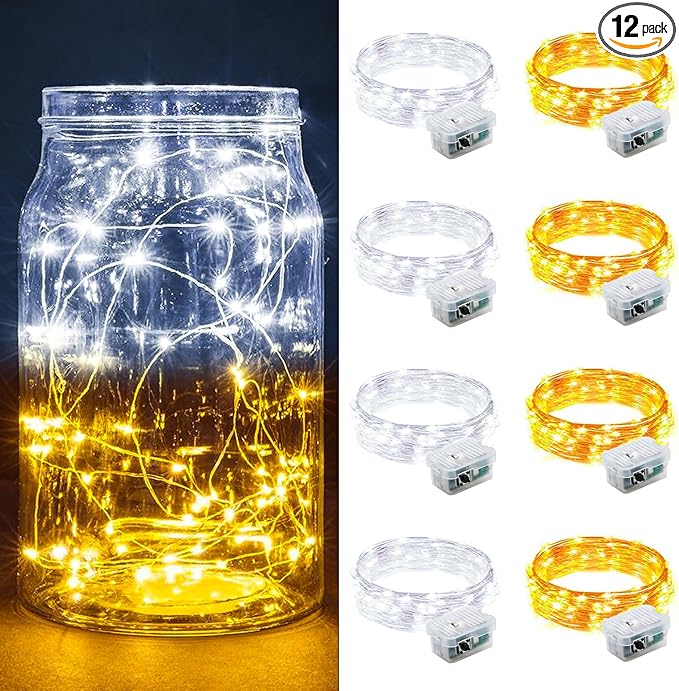 8 Pack Fairy Lights 7Ft 20 LED Twinkle String Lights 3 Modes Battery Operated Waterproof Firefly Starry for Mason Jar Party Wedding Christmas Valentines Day Table Centerpieces,Warm White + White