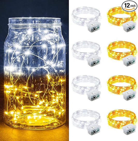 8 Pack Fairy Lights 7Ft 20 LED Twinkle String Lights 3 Modes Battery Operated Waterproof Firefly Starry for Mason Jar Party Wedding Christmas Valentines Day Table Centerpieces,Warm White + White