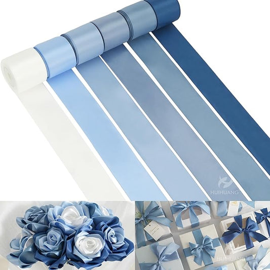 HUIHUANG Blue Ribbon 1-1/2" Dusty Blue/French Blue/Antique Blue/Navy/Light Blue and White Satin Ribbons for Wedding Flower Bouquet Hair Bows Gift Wrapping Crafts- 6 Rolls, Total 30 Yards