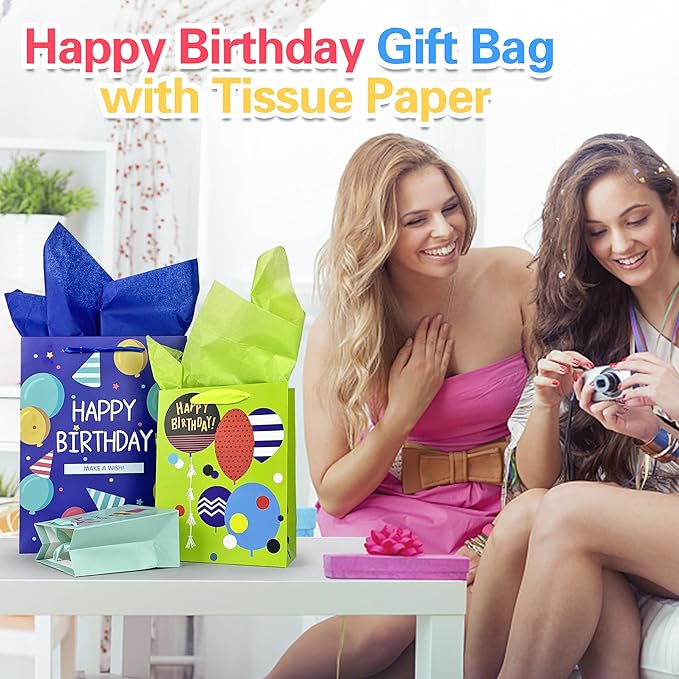 MUMULULU 10 Pack Birthday Gift Bag with Ribbon Handle and Tissue Paper Assorted Sizes and Designs 3 Size Birthday Gift Bag for Gift Wrapping Presents