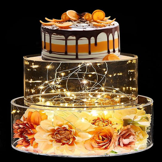 Sunnyray 2 Pcs Acrylic Cake Stands for Dessert Table Clear Fillable Cake Riser Cupcake Tier with LED Strings for Birthday Wedding Holiday Party Display(12'', 16'')