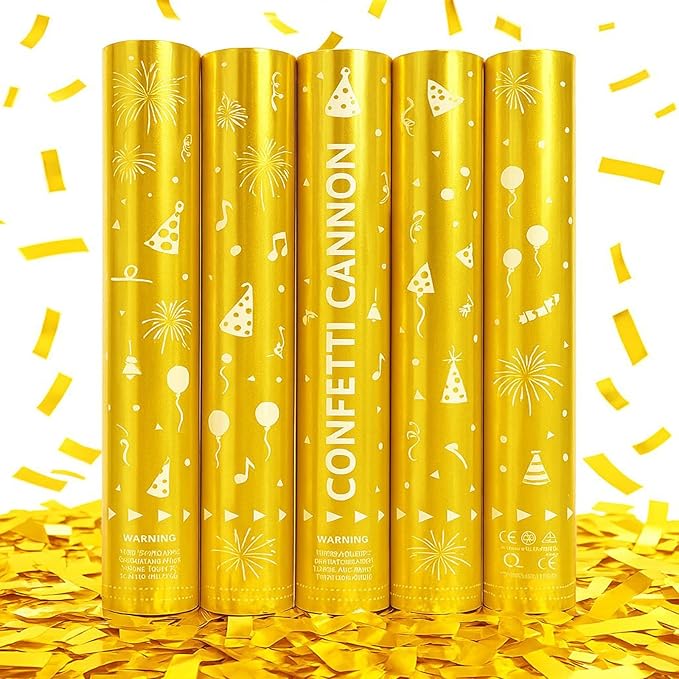 12 Inch Confetti Cannons – 5-Pack Gold Confetti Poppers for Graduation, Birthday, and New Year’s Eve Parties – Perfect Party Poppers for Memorable Moments!