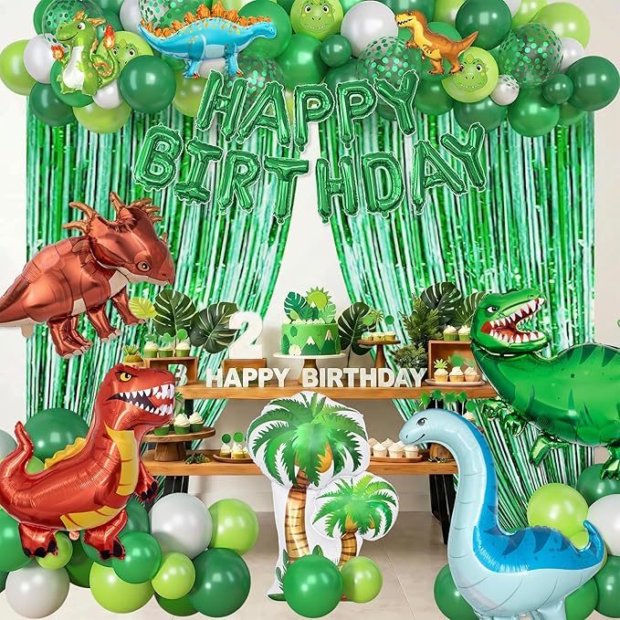 Dinosaur Birthday Party Decorations Supplies, 123Pcs Dinosaur Dark Lime Green White Balloons Garland Arch Kit Happy Birthday Dino Foil Balloon Curtain for Kids Boys Dino Jungle Safari Baby Shower