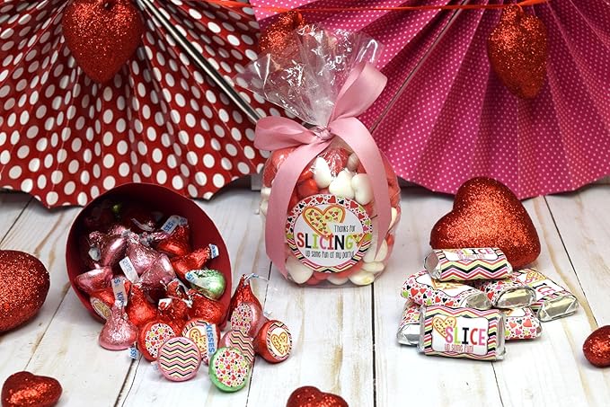 Amanda Creation Cute Heart Shaped Pizza Valentine's Day Birthday Party Sticker Bundle Kit 429 pieces! Includes 2" Circle Stickers for Favors, Mini Candy Bar Wrappers & Round Candy Kiss Stickers