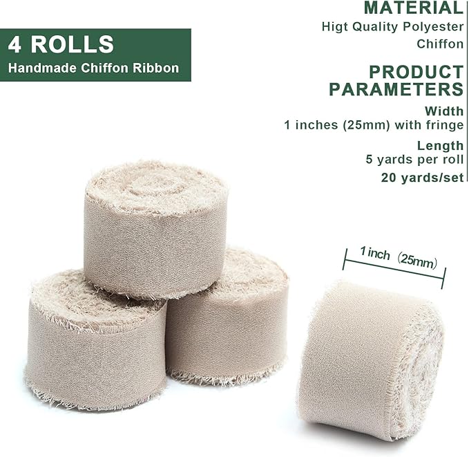 4 Rolls Nude Handmade Fringe Chiffon Silk Ribbon 1" W x 5Yd Per Roll,Frayed Edges Ribbon Set for Gifts Wrapping,Wedding Invitations,Bouquets,DIY Crafts (1" x20Yd, Nude)