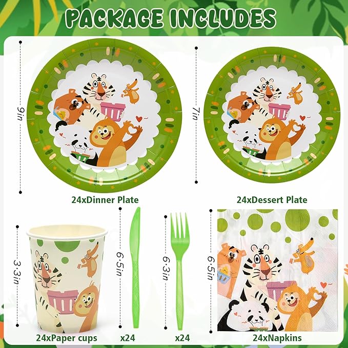 144Pcs Panda Animals Birthday Party Supplies Decorations Animal Themed Paper Plates Napkins Vintage Party Tableware Disposable Dinnerware for Girl Boy Kid Birthday Baby Shower Table Decor, Serve 24