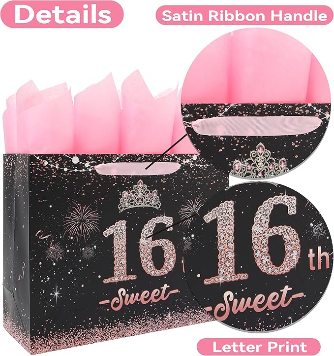 wishinside 13'' Large 16th Birthday Gift Bag Set with Handles, Greeting Card, Pink Tissue Papers and Stickers for 16 Year Old, Her, Girls, Daughter, Best Friend, Tiara Design, 1 Pcs