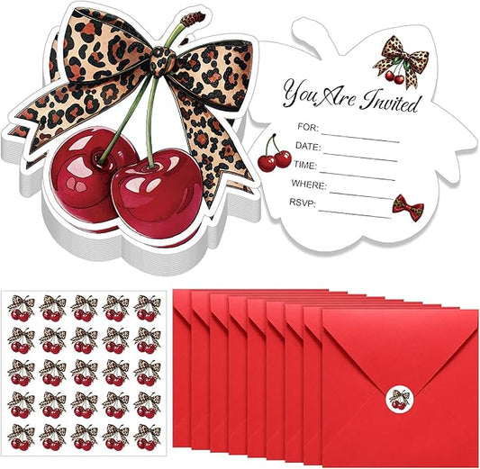 Marspark 25 Set Cherry Cheetah Print Birthday Invitation Paper Card with Envelopes and Leopard Stickers Wedding Birthday Bachelorette Invitation Party Supplies for Girls Dinner Favors, 5 x 6 Inch
