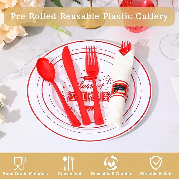 30 Pack Pre Rolled Red Plastic Silverware Set,Wrapped Plastic Cutlery Set with Napkin Include 30 Forks,30 Spoons,30 Knives and 30 White Napkins for Graduation Party