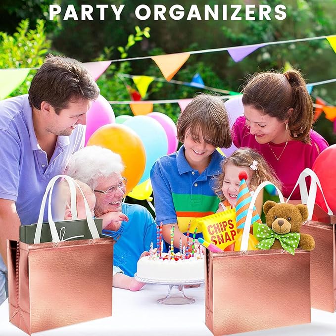 VGOODALL 15 Pack Gift Bags with Handles, 12.6" x 5" x 11" Rose Gold Reusable Gift Bags Bulk for Birthday Wedding Party Favor Goodie