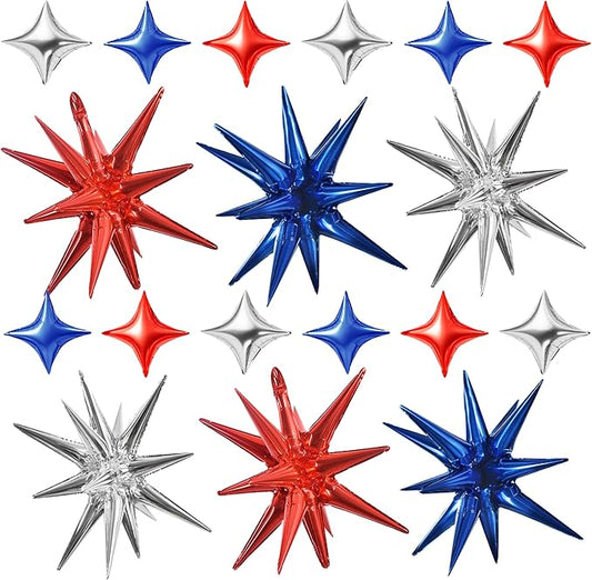TONIFUL 18Pcs 22Inch Red Blue Silver Explosion Star Mylar Balloons and 10Inch Four Pointed Star Balloons Set for Christmas New Year Birthday Wedding Independence Day Anniversary Photo Booth Supplies