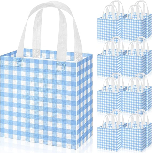 Sweetude 16 Pcs Blue White Checkered Gift Bags with Handles Gingham Blue and White Party Favors Non-woven Reusable Tote for Women Wedding Birthday Baby Shower Mother's Day Party Decorations
