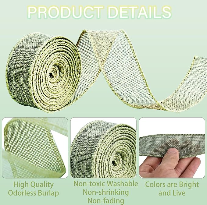 Sage Green Burlap Ribbon 1-1/2 inch X 10 Yard Natural Burlap Woven Wired Ribbons DIY Handmade Edging Production Wreath Holiday Decoration Ribbon Gift Wrapping Sage Green Ribbons