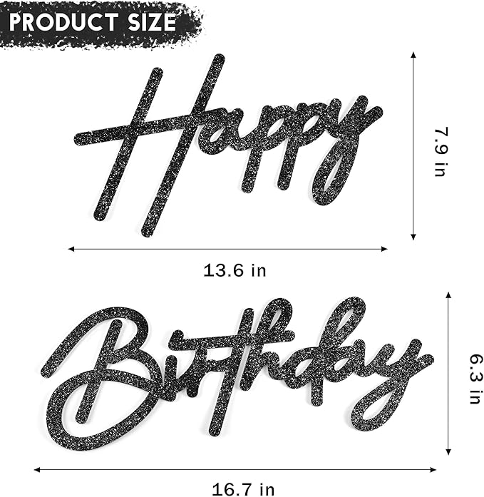 CANREVEL Happy Birthday Sign for Backdrop, Glitter Felt Black Happy Birthday Banner, Black Birthday Party Decorations for Girl Boy Women Men, Wall Decor Balloon Arch Photo Prop