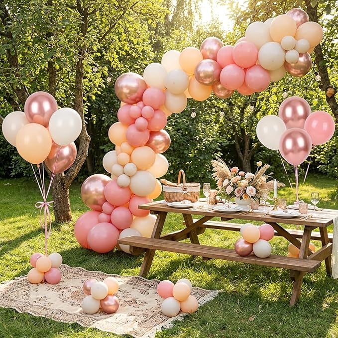 RUBFAC 65pcs 12 Inches Retro Pink Balloons Metallic Blush Rose Gold White Sand Nude Party Balloons with Ribbons for Birthday, Wedding, Baby Shower, Graduation Decorations