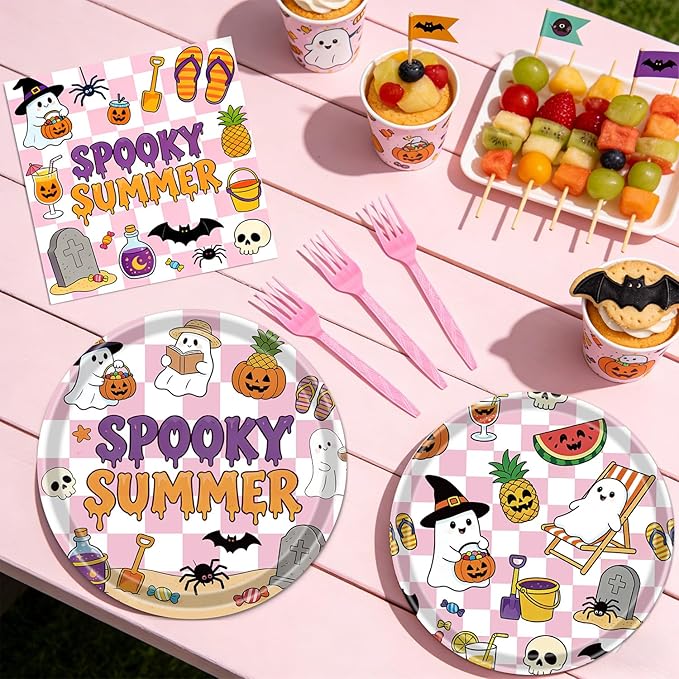 Gameza Summer Halloween Party Decorations - 96PCS Happy Summer Halloween Party Plates Napkins and Forks Disposable Tableware Set, Ghost Spooky Ween Vibes Holiday Party Supplies Decor, Serve 24