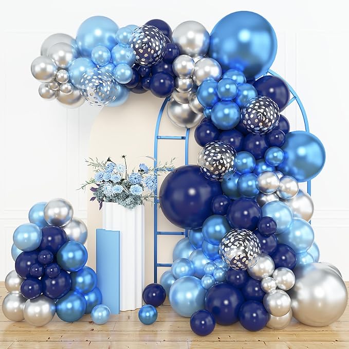 Amandir 153pcs Blue and Silver Balloon Garland Arch Kit, Different Sizes 18 12 10 5 inch Royal Navy Blue Latex Metallic Confetti Balloons for Graduation Wedding Shower Birthday Party Decorations