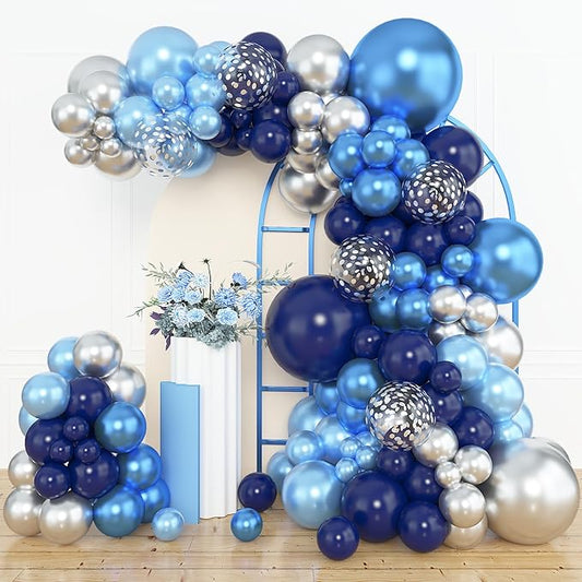 Amandir 153pcs Blue and Silver Balloon Garland Arch Kit, Different Sizes 18 12 10 5 inch Royal Navy Blue Latex Metallic Confetti Balloons for Graduation Wedding Shower Birthday Party Decorations