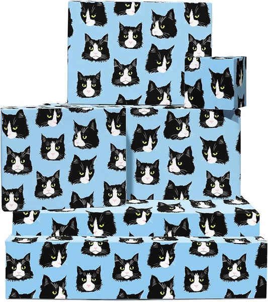 CENTRAL 23 Cat Wrapping Paper - Cat, Funny, Blue Tones - 6 Sheets of Giftwrap for Friends Coworkers Men Women - All Occasion Birthday - Comes With Stickers