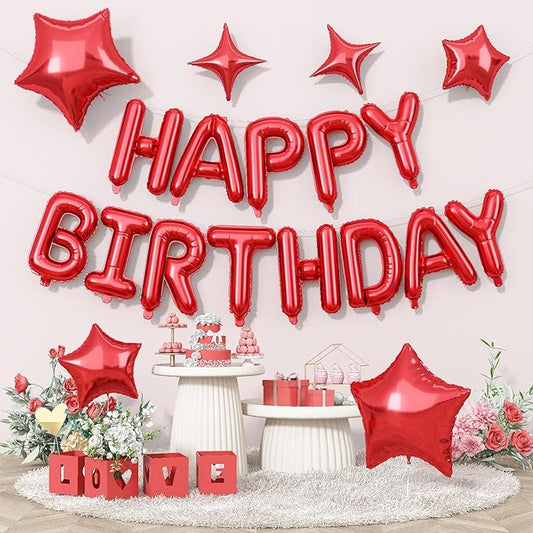 Red Happy Birthday Balloon Banner, 16 Inch Mylar Foil Letter Balloons, Reusable Birthday Decorations with Red Star Foil Balloons, Inflatable Party Supplies for Women Girls Decorations