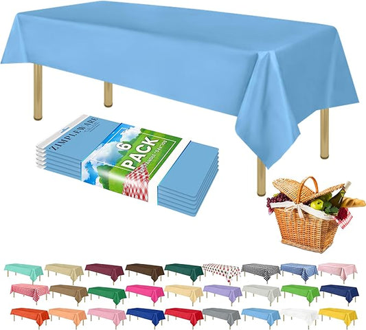 ZIMPLEWARE Premium Sky Blue Plastic Table Cloth Disposable (6 Pk) Plastic Tablecloths for Rectangle Tables (54in x 108in) Party Table Cloths Disposable for 6ft to 8ft Rectangle Tables